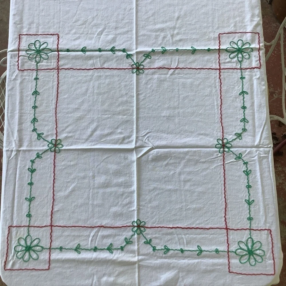 Vintage White Red Teal Embroidered Flower Rectangle Tablecloth Table Linen